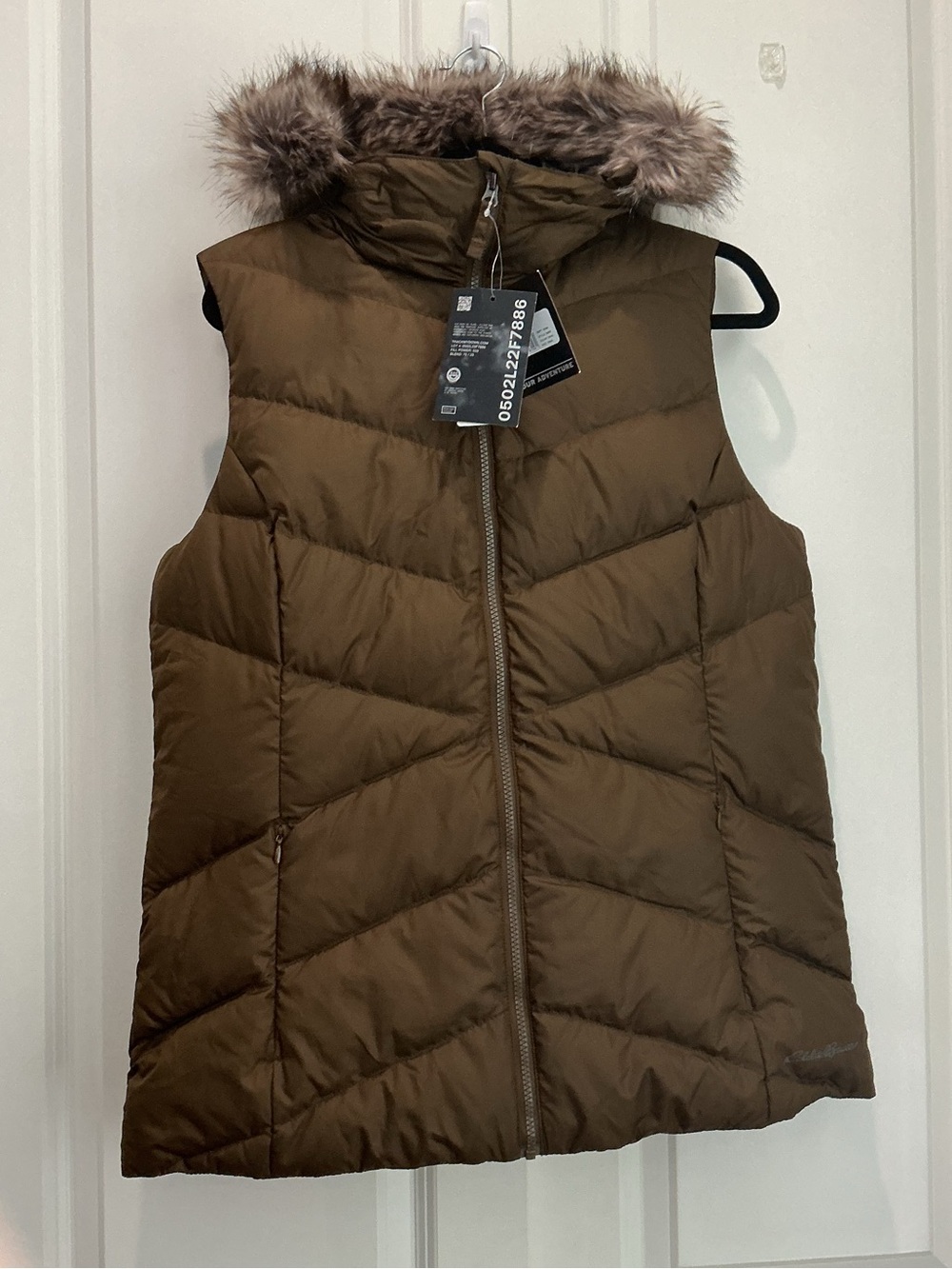 Eddie Bauer Brown Quilted Faux-Fur Hooded Puffer Vest